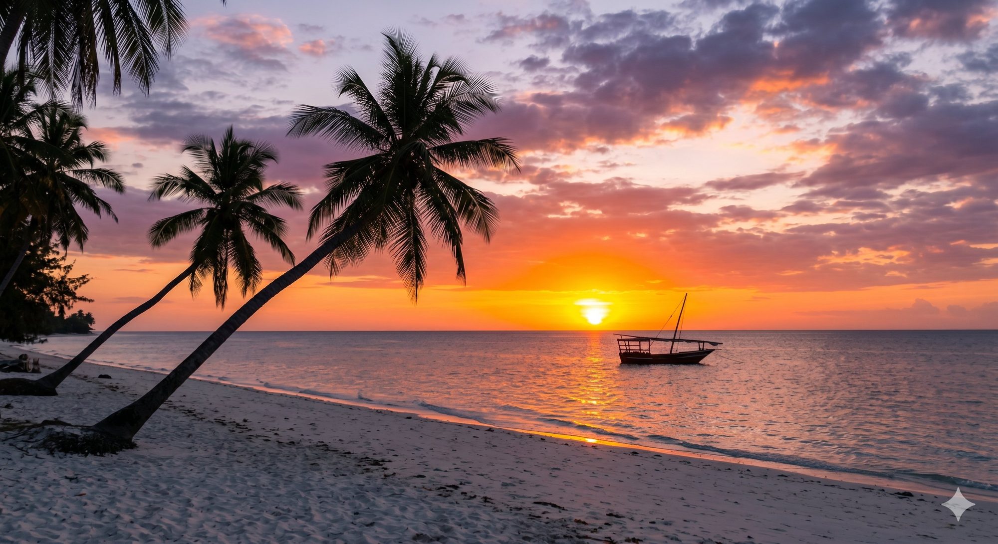 Dhow on a Zanzibar beach at sunset